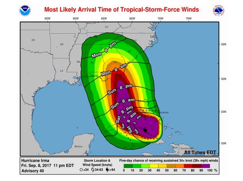 A graphic shows the path Hurricane Irma is likely to take over Florida.