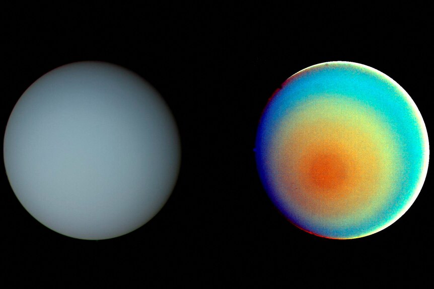 Two planets side by side, one grey in colour, the other blue, green, orange and red. 