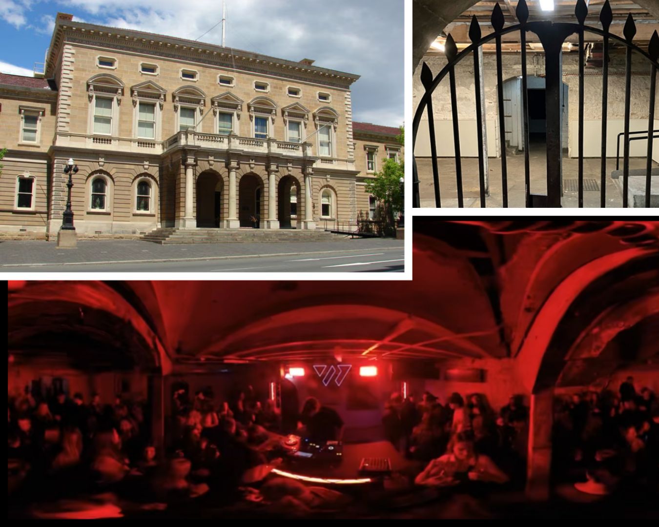 A collage of an old building with a DJ warehouse party underneath depicting the transformation 