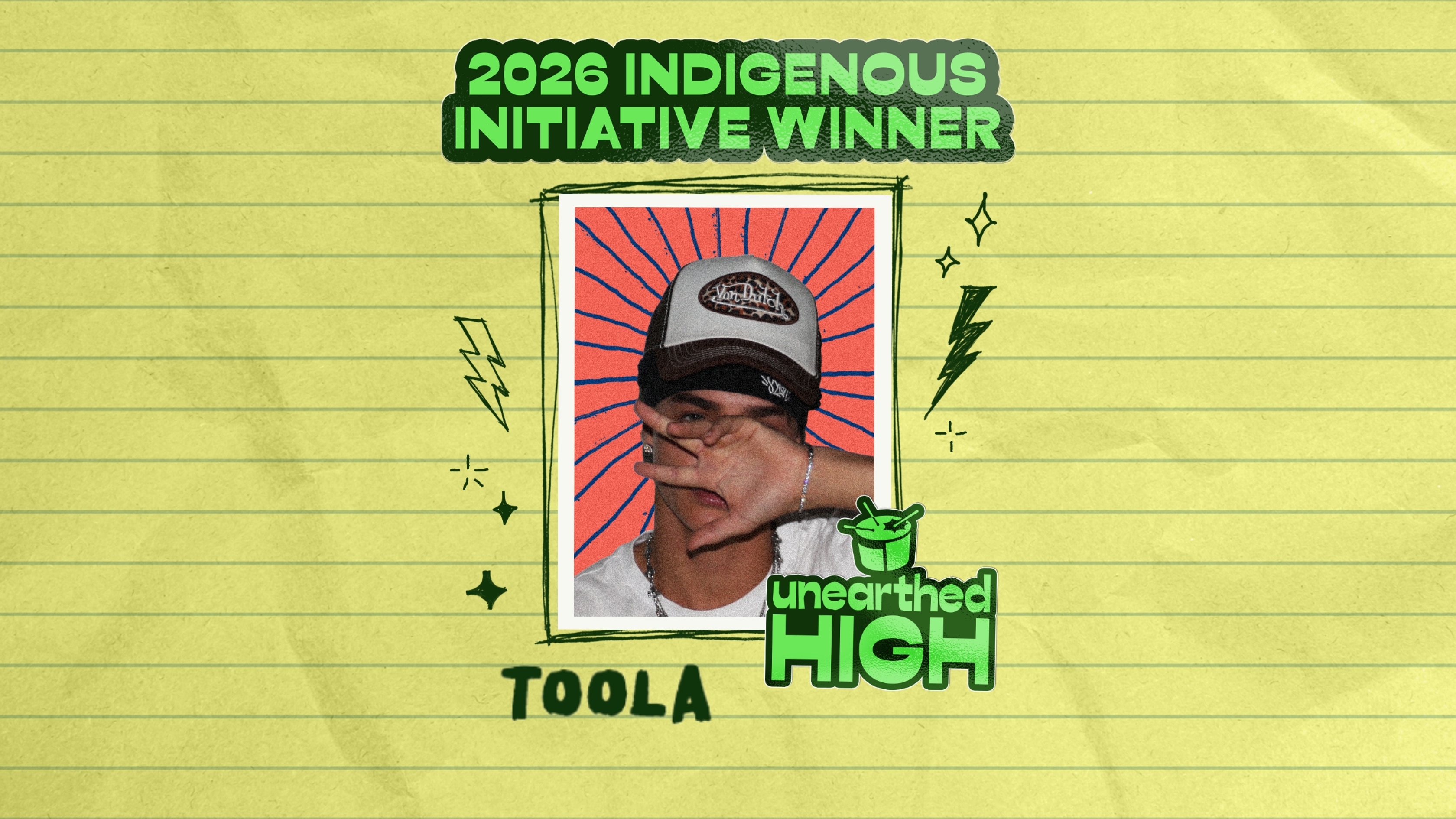 Indigenous Initative Winner - TooLa - press shot edited on to crinkled paper background 