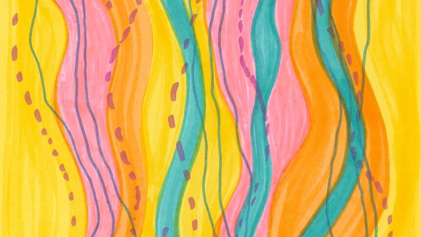image of art with dull neon yellow, pink, orange and blue wavy shapes