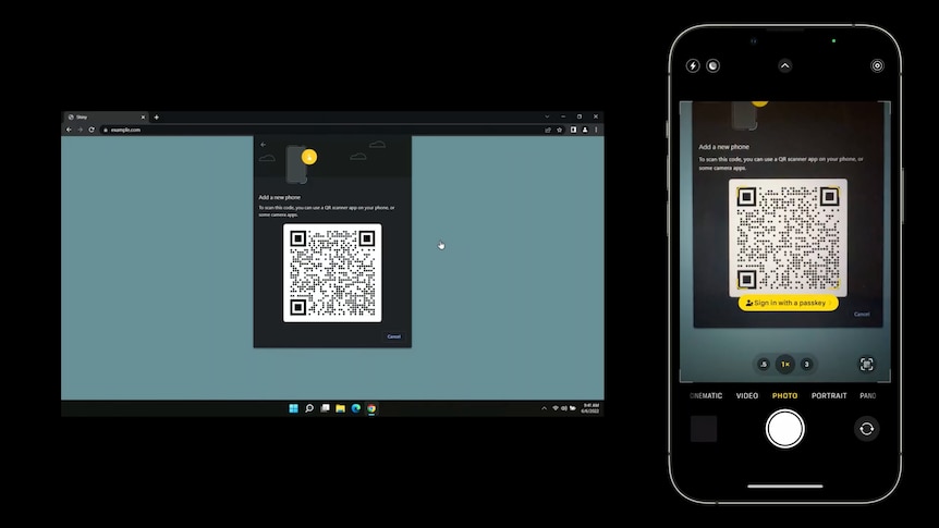 A screenshot of a computer displaying a QR code, next to a phone scanning the QR code