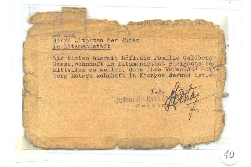 Postcard sent by Estera Goldberg in Koszyce Ghetto, Poland to her family in the Lodz Ghetto in May 1942.