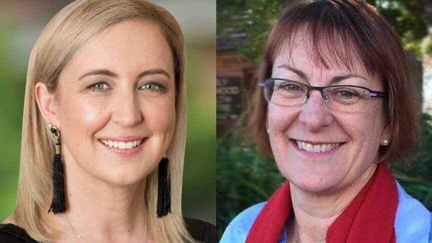 A composite image of two women smiling; one wears long earrings and the other wears glasses.