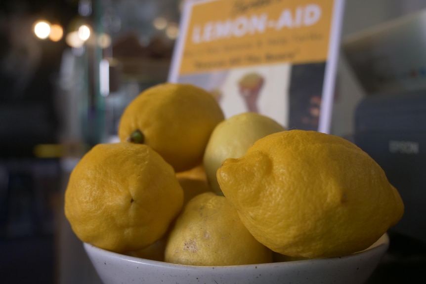 Close shot of a white bowl holding large lemons, sitting on the counter of a cafe, yellow signage behind.