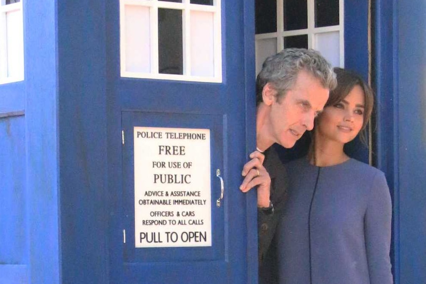 Dr  Who (Peter Capaldi) and Clara Oswald (Jenna Coleman) inside the Tardis next to Sydney Harbour.