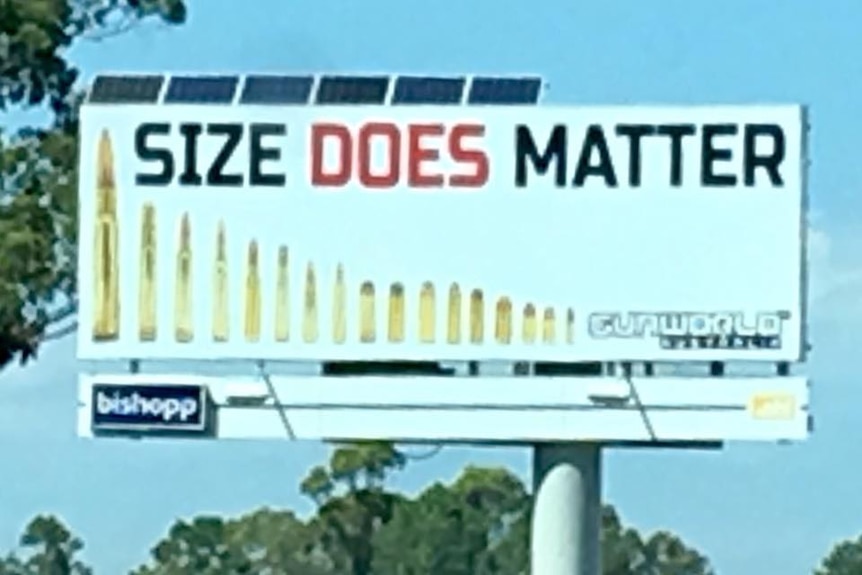 A billboard on the Bruce Highway between Brisbane and the Sunshine Coast for Gun World Australia