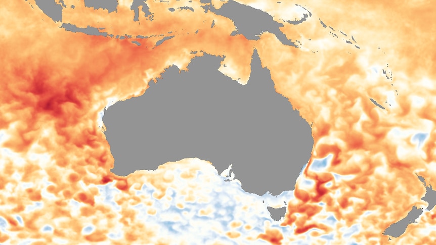 Map of Australia surrounded by a red and orange ocean