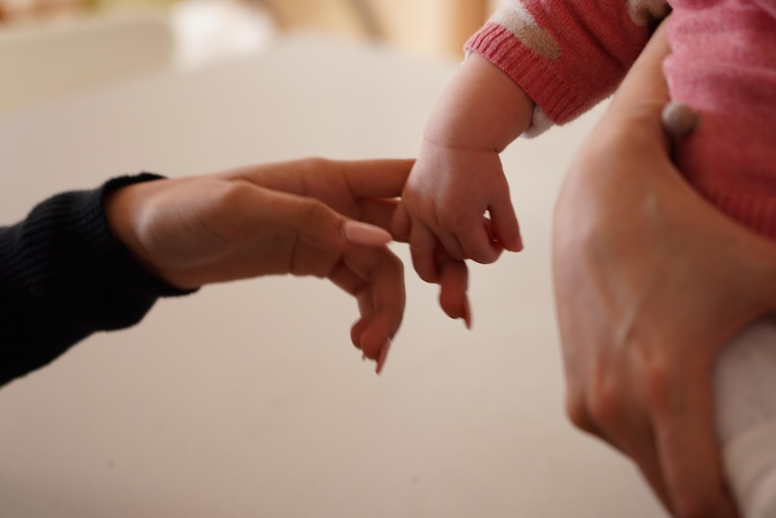 A close-up of a baby's hand clutching an adult's finger.