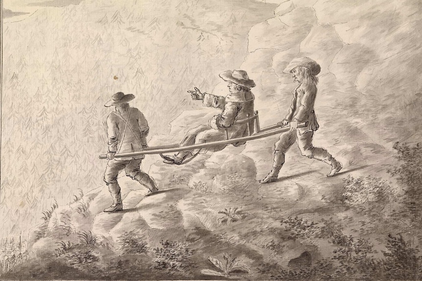A drawing of traveller in a chair on poles carried by two men over the Alps.
