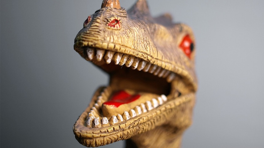A close up of a plastic dinosaur.
