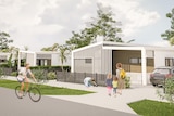 an artist's impression of a street of pre-fab homes