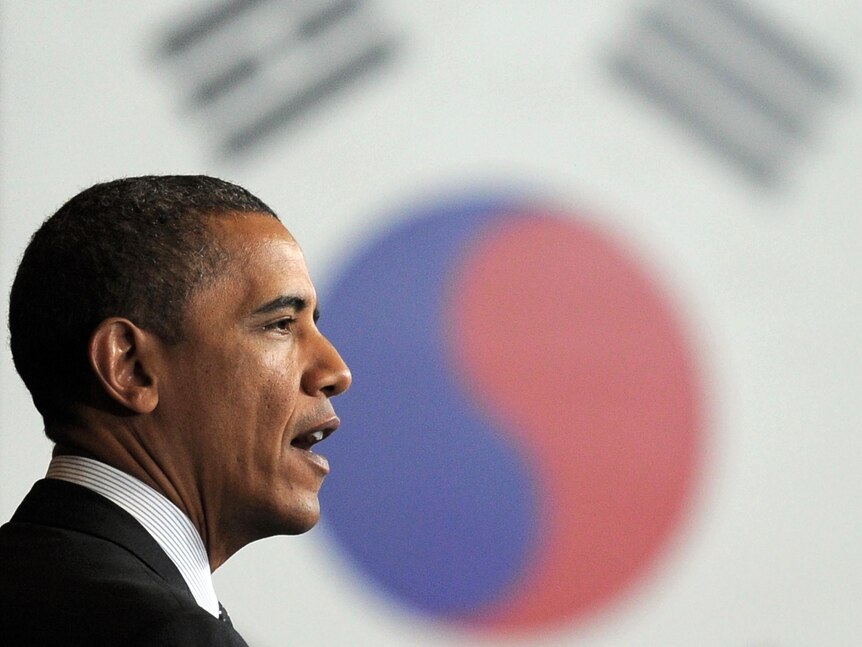 Barack Obama speaks on nuclear security, at Hankuk University of Foreign Studies in Seoul.