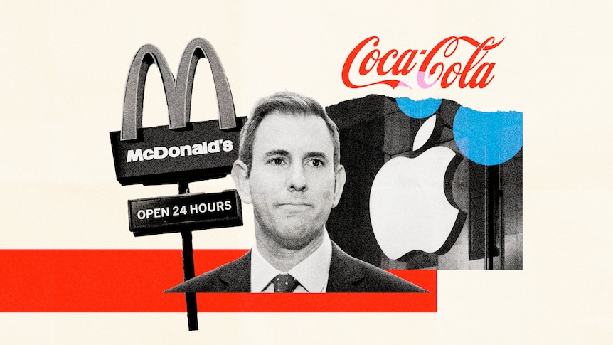 A graphic shows Shadow Treasurer Jim Chalmers superimposed over logos of McDonald's, Coca Cola and Apple.