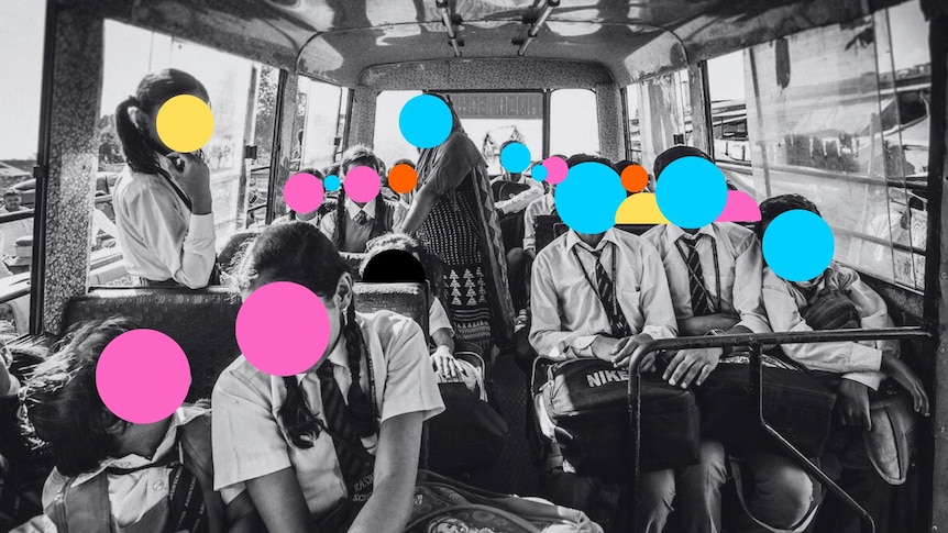 A generic graphic black-and-white image of kids on a school bus with colourful circles on their faces.