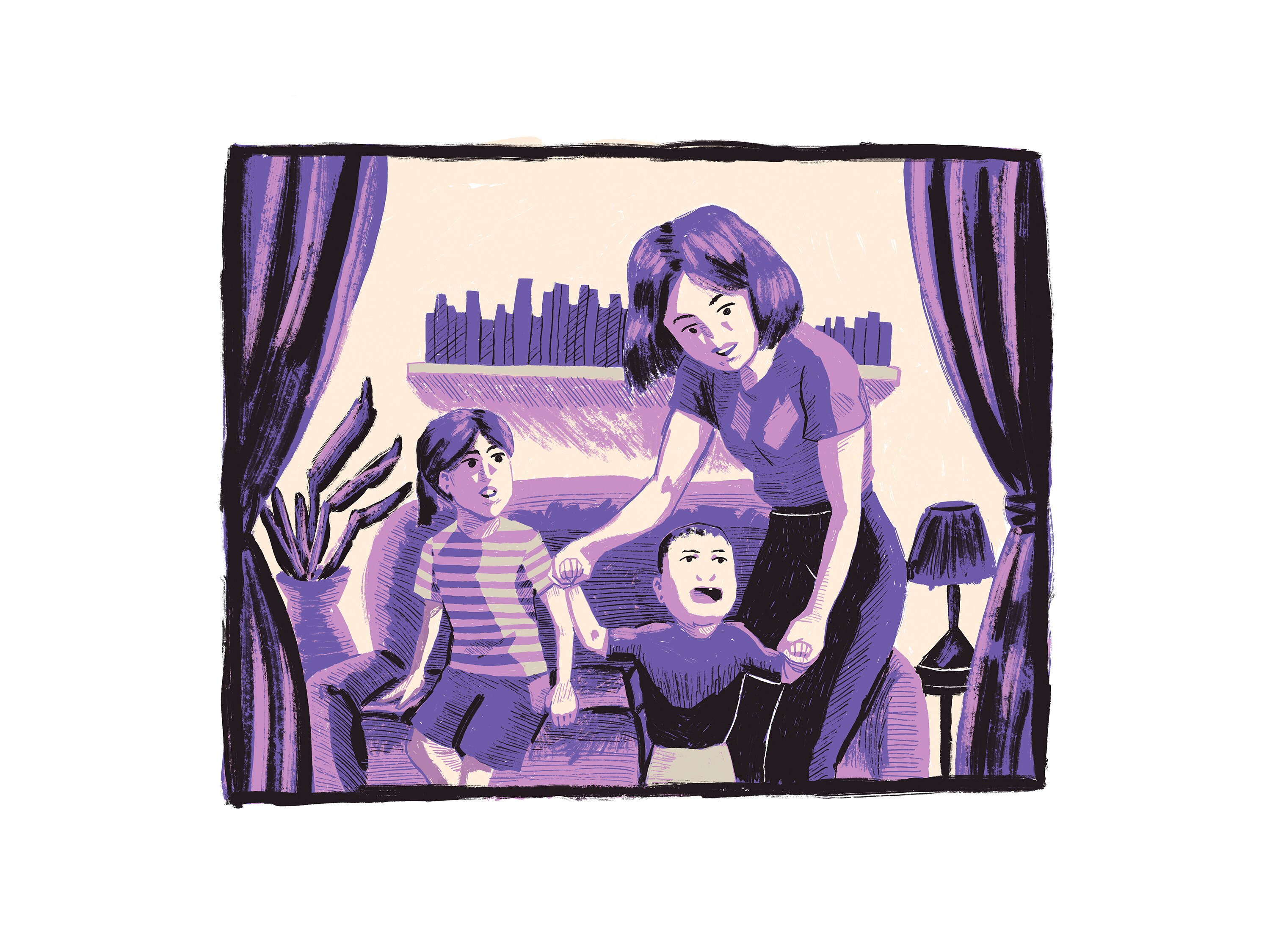 An illustration of a mother and two young children seen smiling and playing indoors.