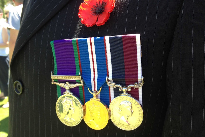 Close up of service medals and red poppy