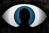 A graphic showing the silhouette of a man's head in front of a large eye.