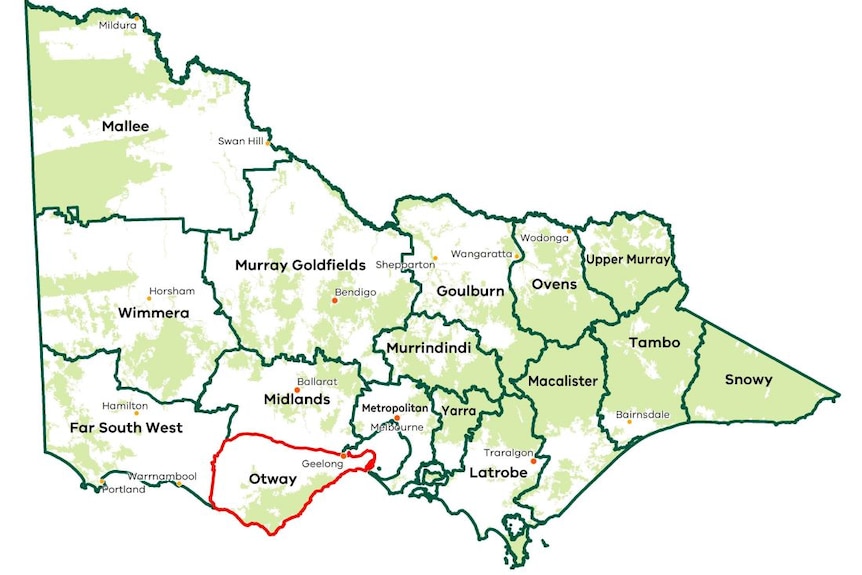 A map of Victoria showing the Otway region highlighted in red. It sits along the south-west coast.