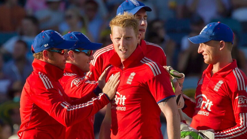 England all-rounder Ben Stokes (C) celebrates after taking a wicket against Australia in fourth ODI.