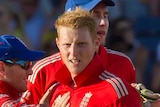 England's Ben Stokes (C) celebrates after taking a wicket in the fourth ODI against Australia.