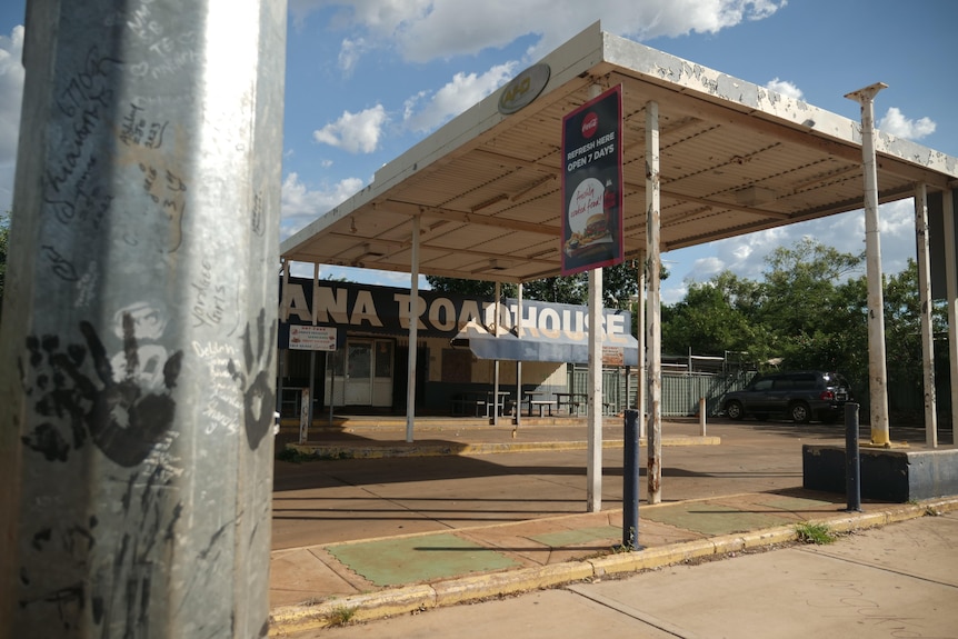 The exterior of an outback town roadhouse and service station