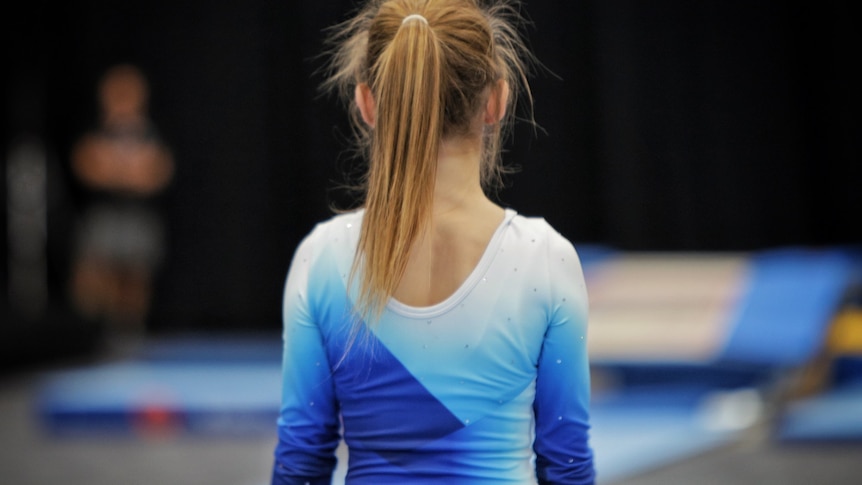 Young gymnast with her hair tied up, from behind. 
