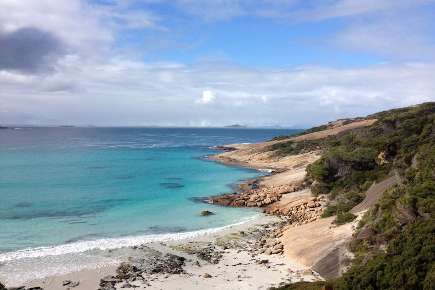 A bay with rocks and vegetation (right) and gentle, turquoise water.