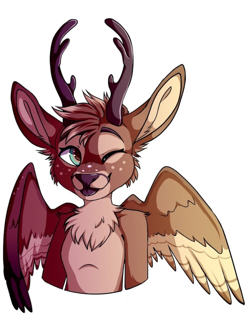 A cartoonish drawing of a winking deer with wings.
