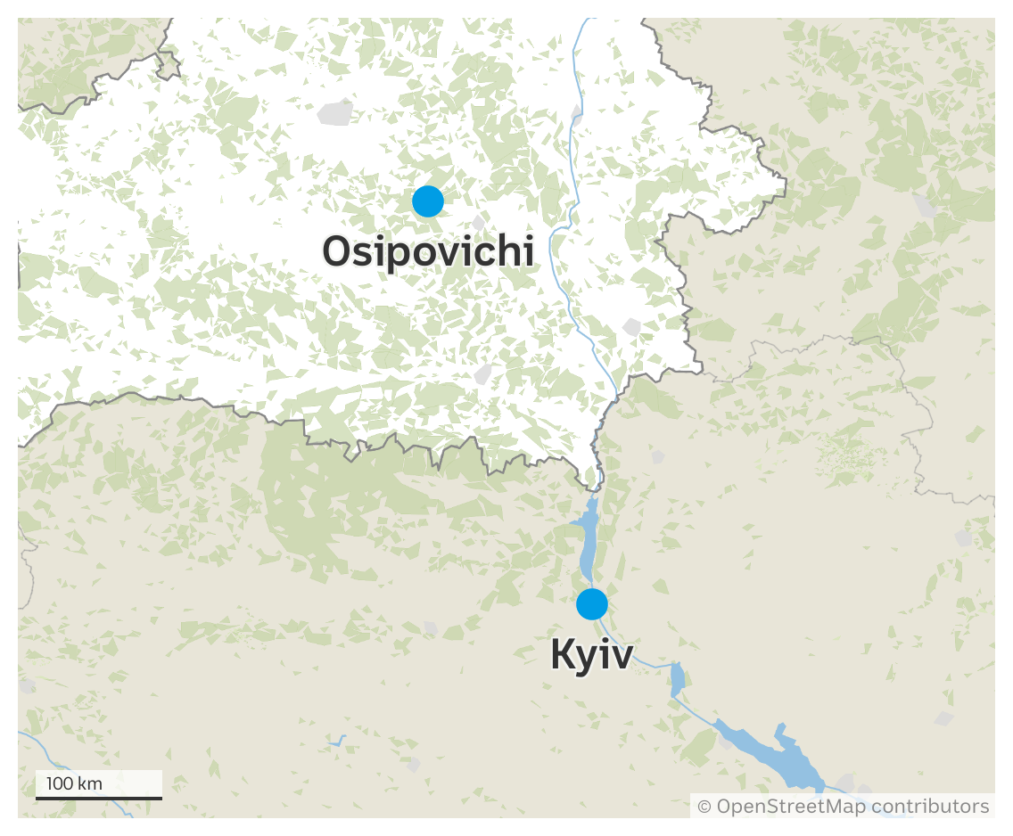 Map of Osipovichi, Belarus, in relation to Kyiv, Ukraine.