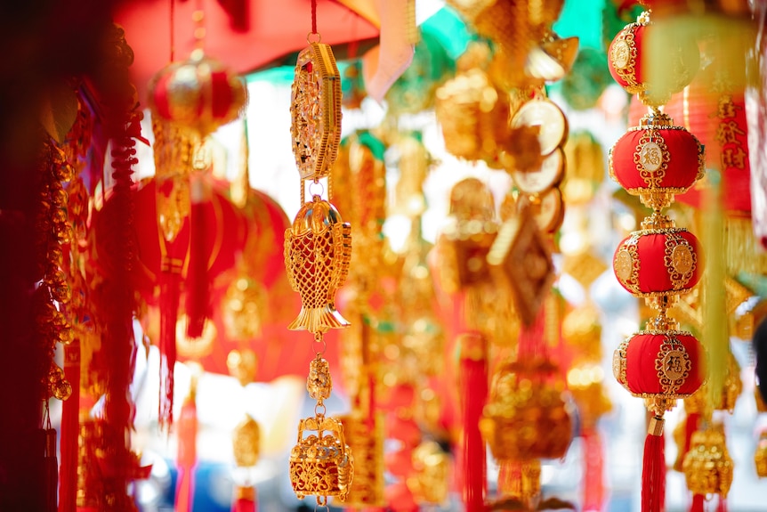 Festive hanging decorations in red and yellow