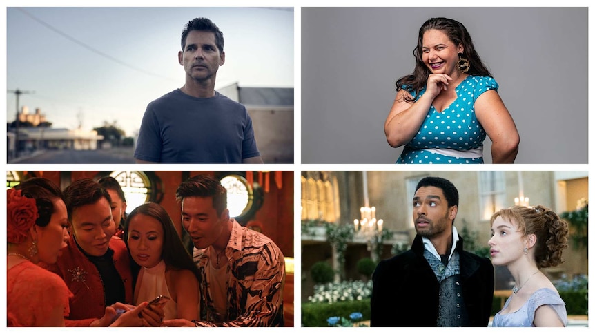 4 images: male actor Eric Bana, presenter Rudi Bremer, the cast of Bling Empire, Bridgerton's Rege-Jean Page and Phoebe Dynevor