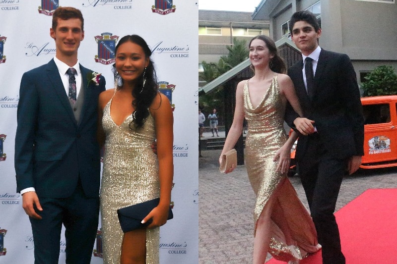 Composite image of two young men in formal attire with their partners