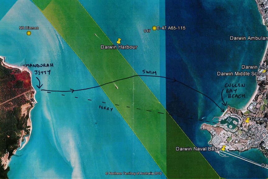 A scanned map of the Darwin Harbour with the route Michael Wells intends to swim marked on it.