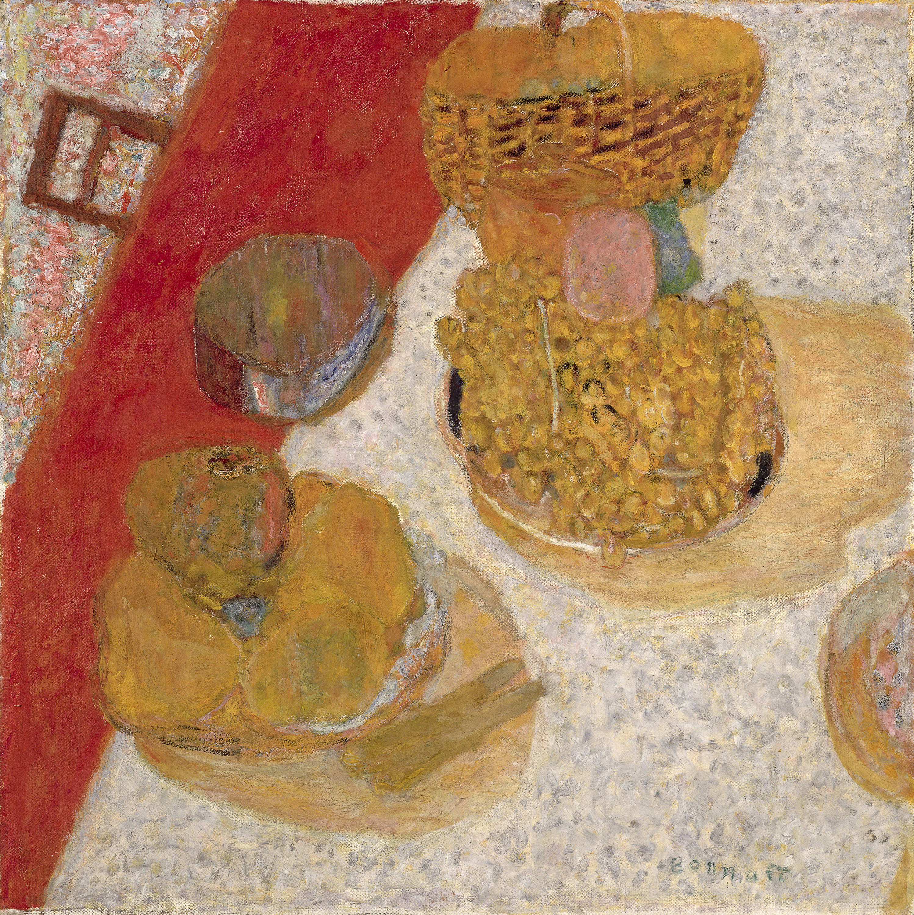 An oil painting of a distorted still life of grapes on a red and white dining table,