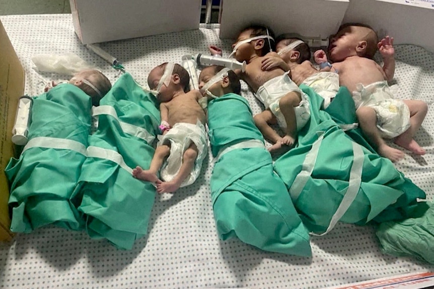 Six newborn babies with feeding tubes, two wrapped in blankets, are laid out on a hospital bed side by side