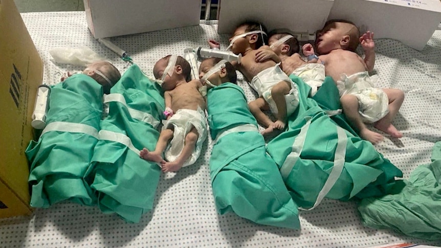 Six newborn babies with feeding tubes, two wrapped in blankets, are laid out on a hospital bed side by side