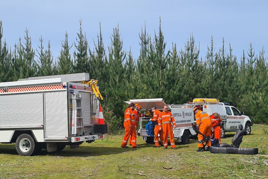 People wearing orange coveralls with a large truck and four-wheel drives among pine trees