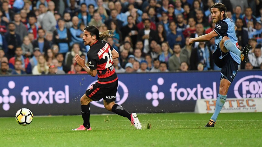 Josh Brillante scores for Sydney FC against Western Sydney Wanderers on October 21, 2017.