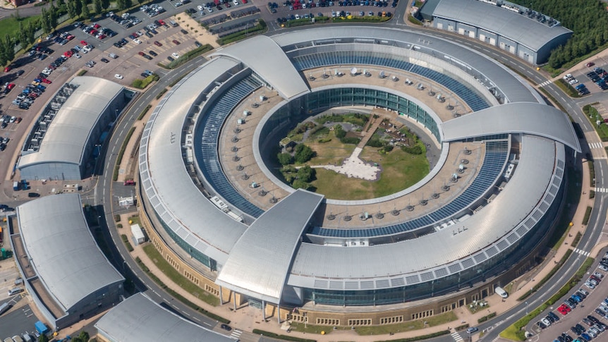 An aerial view of the circular buildings of the UK Government Communications Headquarters, also known as GCHQ.