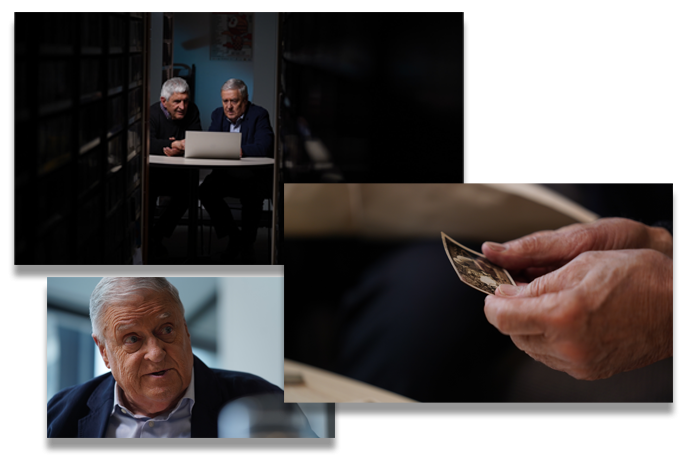 a collage of photographs of two senior men looking at photos and laptop computer