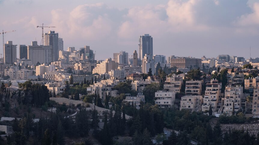 Landscape of the Temple Mount and city skyline of West Jerusalem