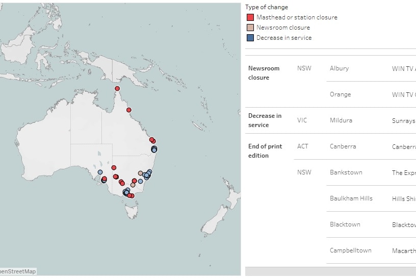 Map of Australia illustrating newsroom job losses