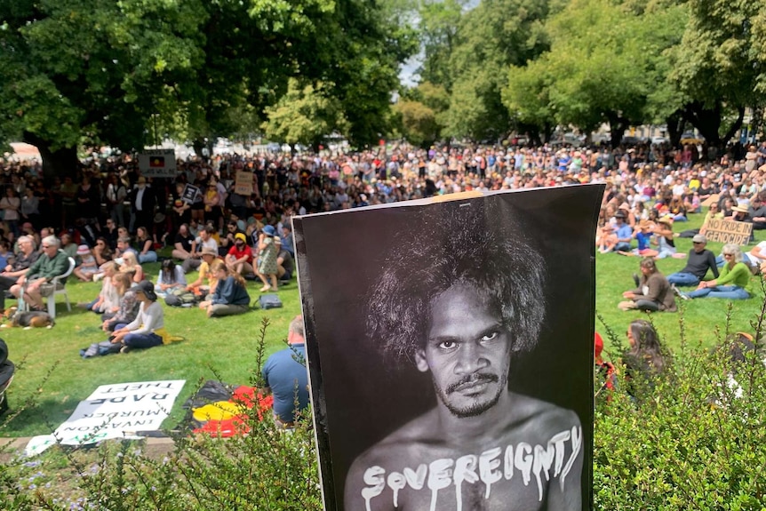 Hundreds of people gather on the Parliament House lawns in Hobart holding signs and banners.