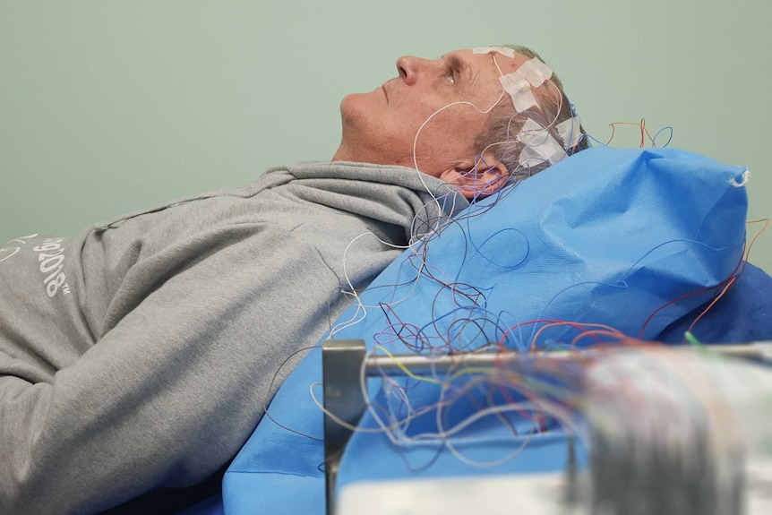 Dale Spriggs wired up for brain testing