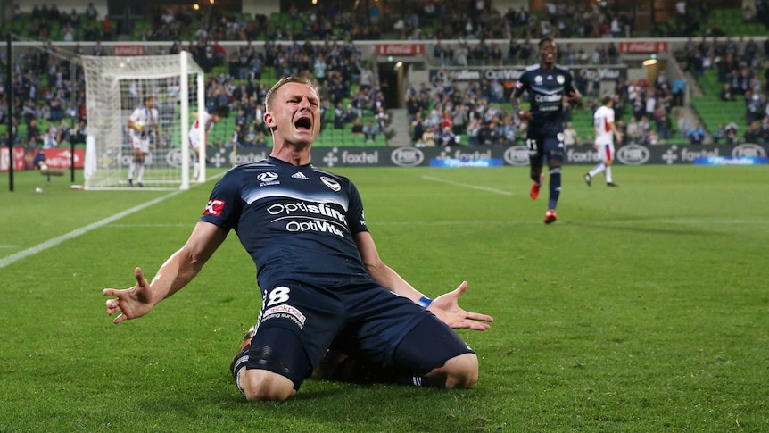 Besart Berisha of the Melbourne Victory celebrates his goal against Newcastle at AAMI Park.