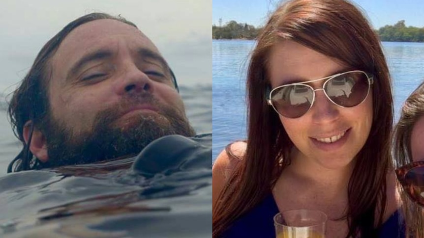 A composite image of Michael Kearns in water and Louise Benson wearing sunglasses and smiling.