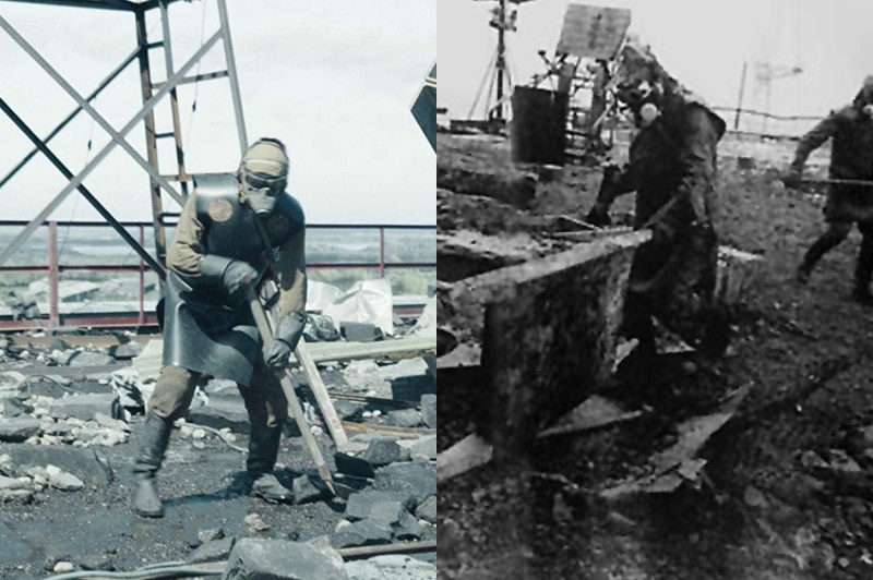 A composite image of actors and real life liquidators cleaning up the roof of reactor four at the Chernobyl nuclear power plant.