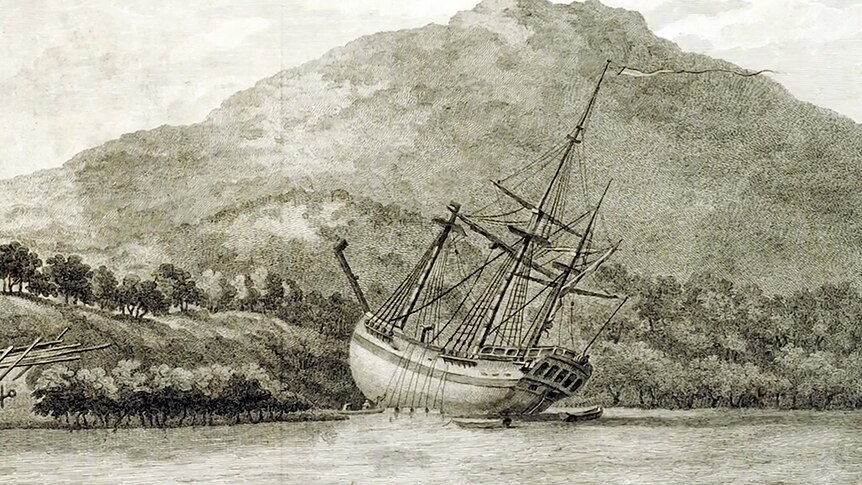 Old painting depicts tall ship with mountain in background
