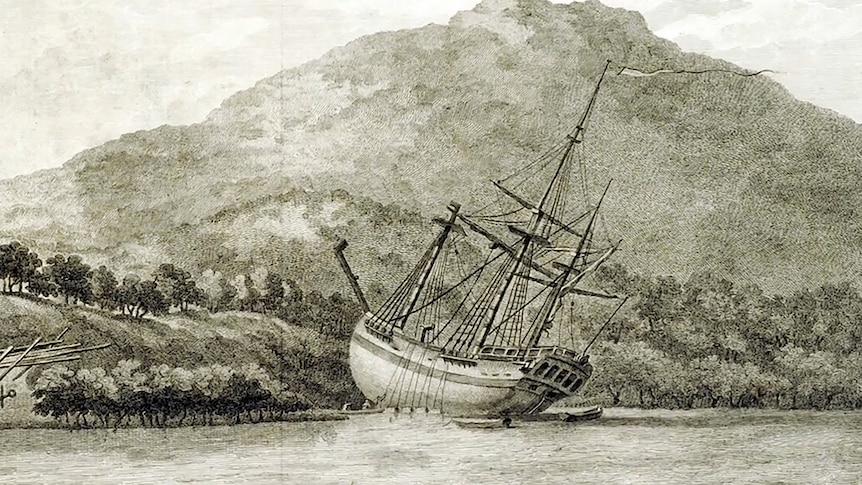Old painting depicts tall ship with mountain in background